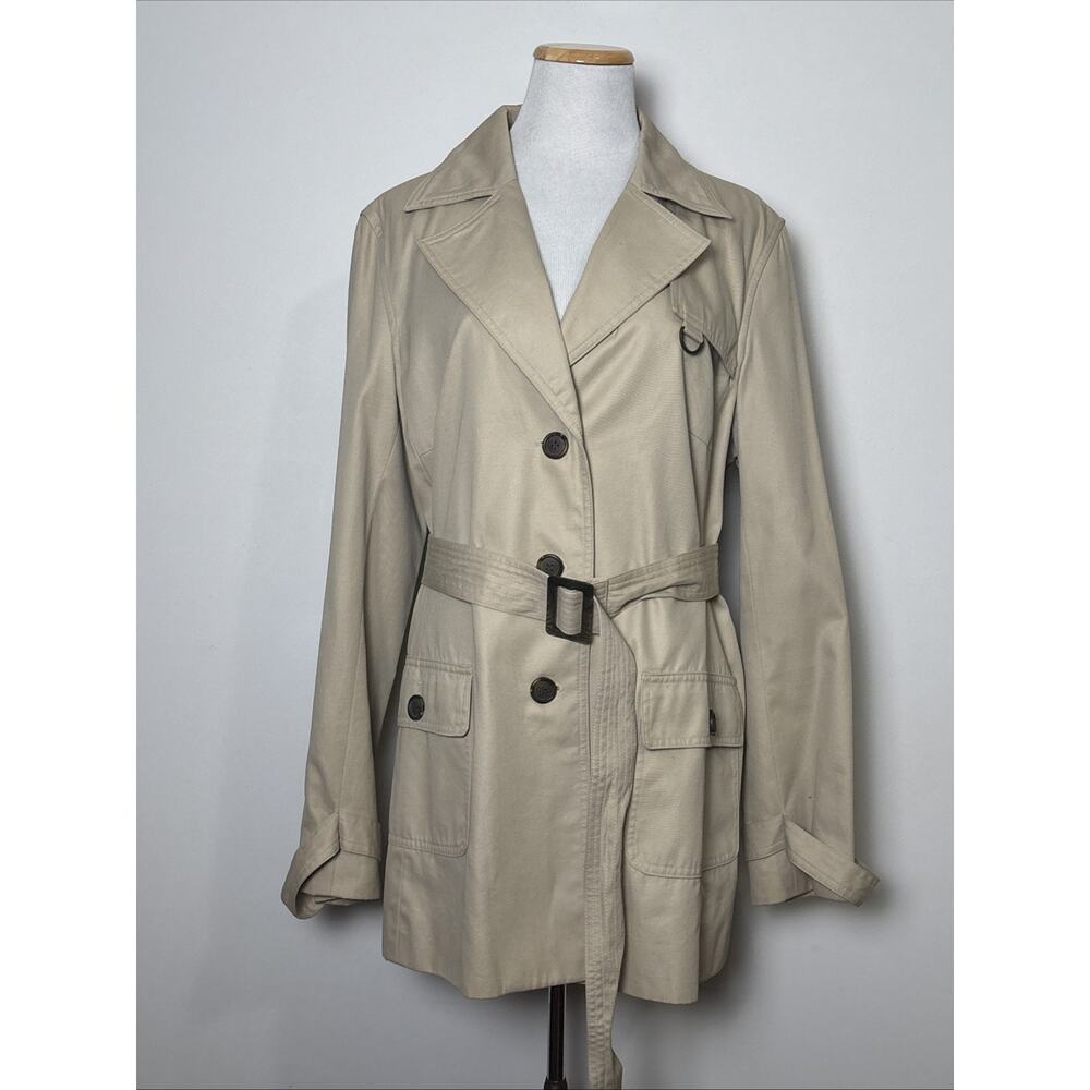 Casual Corner VTG Y2K Cotton Trench Coat Size L Classic Tan Belted‎ Mid Length